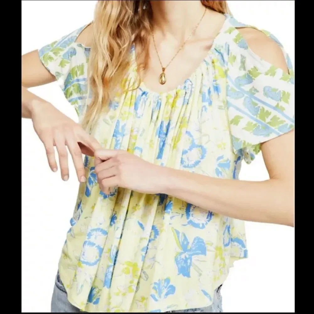 Free People Baja Babe Tee Lemon Gelato XS NWT Yellow Blue White Floral